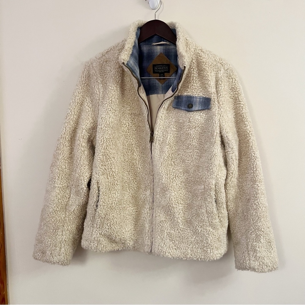 Pendleton Women's M P1558 Beige Sherpa Fuzzy Faux Sheepskin Fur Full-Zip Jacket